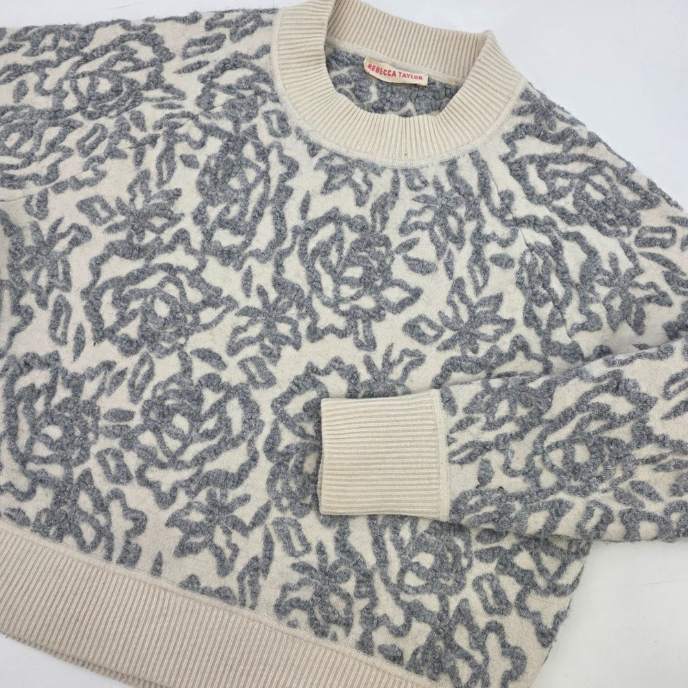 REBECCA TAYLOR ROSE FLORAL SWEATER WOMENS SMALL GRAY WHITE WOOL ALPACA SOFT CREW